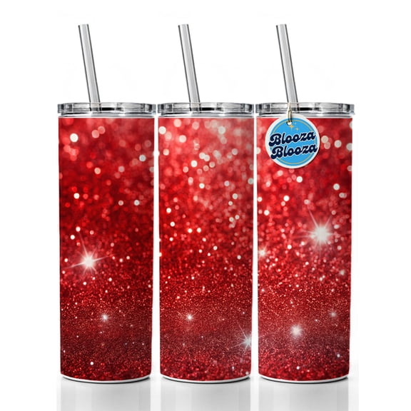 Red Faux Glitter 20oz Insulated Water Bottle Skinny Tumbler Includes Straw