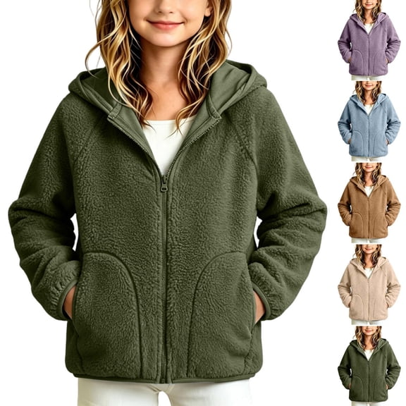 Acaics Girls' Zip Up Hooded Jacket: Polyester Blend Casual Warm Outerwear with Side Patch Pockets for Girls Ages 3–13