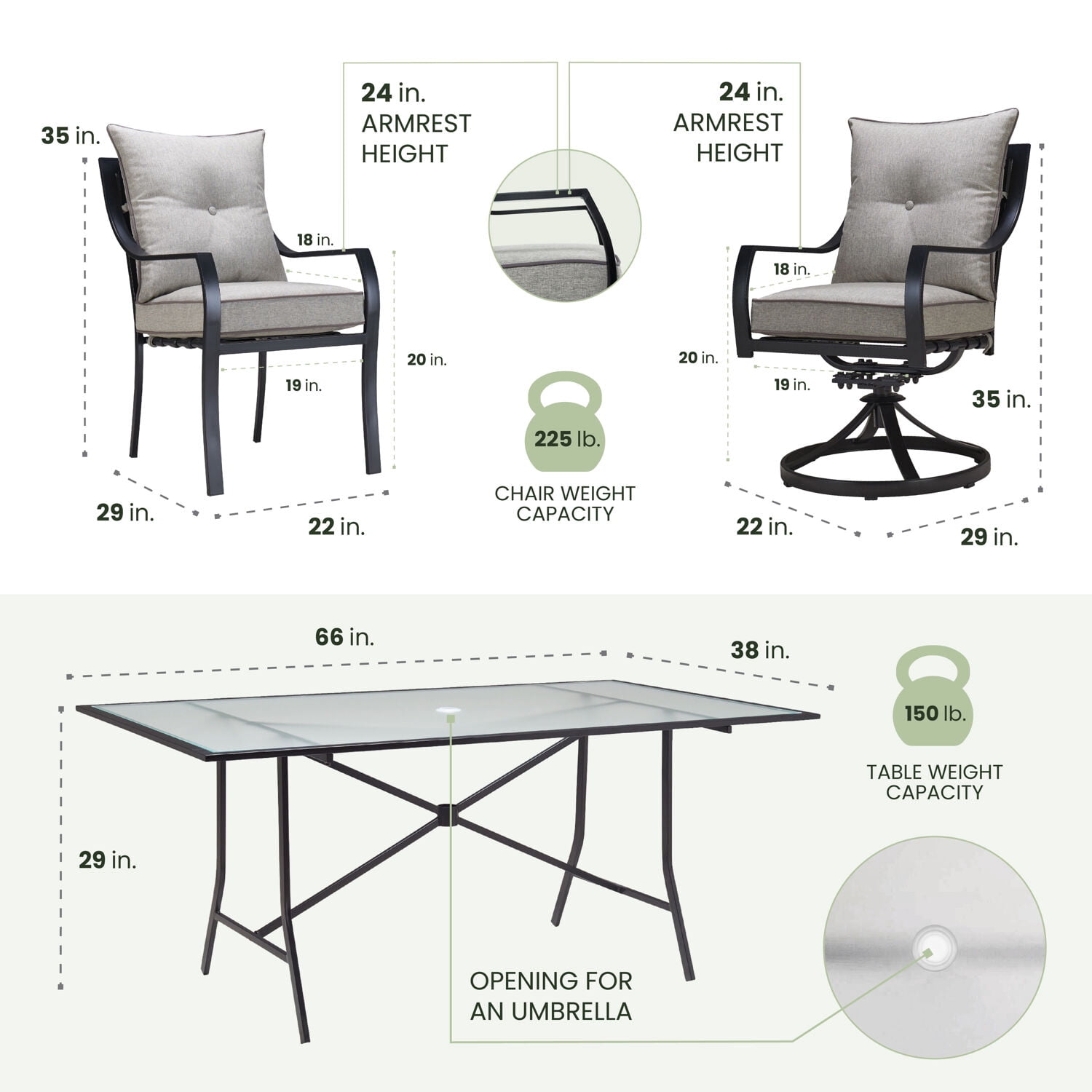 Hanover Lavallette 7-Piece Modern Outdoor Dining Set with Umbrella | 6 Cushioned Swivel Rocker Chairs | 66'' x 38'' Glass-Top Table | Weather Resistant Frame | Silver |LAVDN7PCSW-SLV-SU