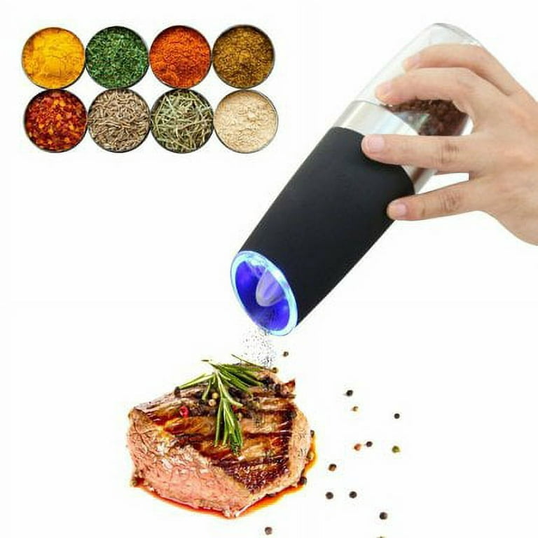 AmuseWit Gravity Electric Salt and Pepper Grinder Set of 3 - Battery  Operated Automatic Salt and Pepper Mills with White Light,Adjustable