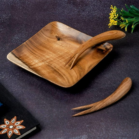 India Meets India Handmade Wooden Serving Tray w/ Picks, w/ Brown Color Serving Tray for Snacks/Dry Fruits/Candy/Hot & Cold Beverages Serveware Tray, Acacia Wooden Tray w/ Picks, 6 x 6 x 1 INCHES