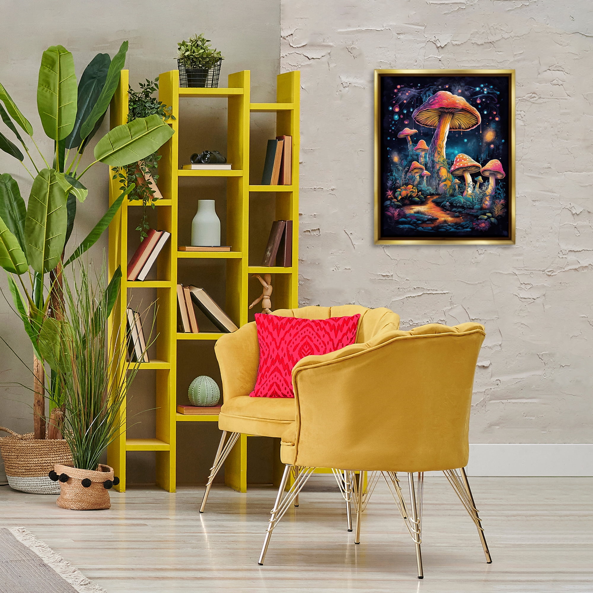 Stupell Industries Psychedelic Mushrooms Nature Landscape & Nature Painting Gold Floater Framed Canvas Art Print Wall Art, 17 x 21