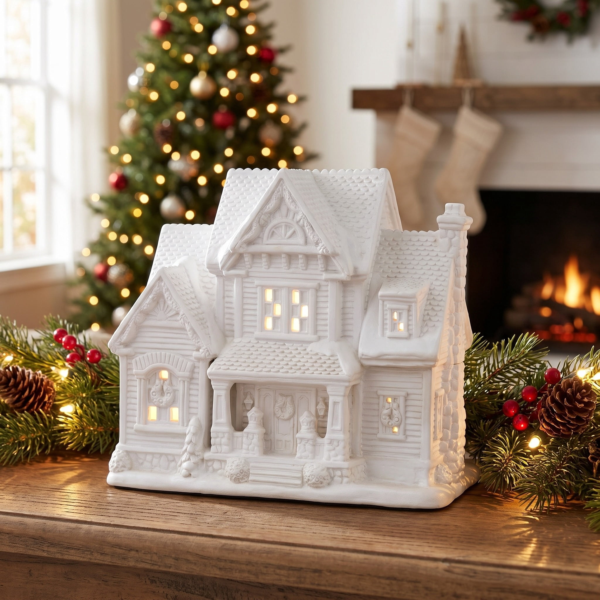 Light-Up Porcelain Country Charm Residence Christmas Village Building, White, 8", by Holiday Time