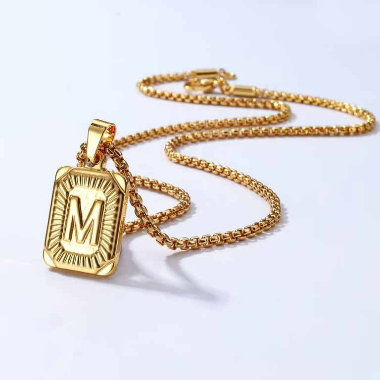A-z Single Stereoscopic Square Letter Pendant Necklace Chain Gold
