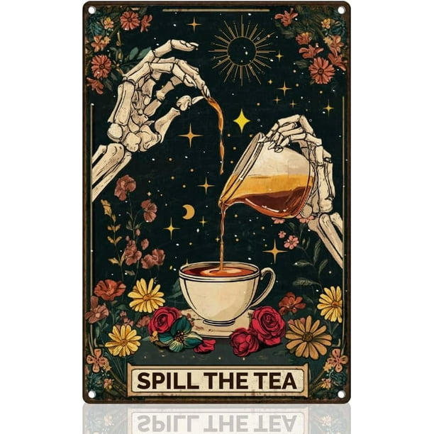 Letrero de metal retro de Tarot para pared, 20 x 30 cm, diseño de "Derrama el té", para decoración del hogar, cafetería, baño, regalo