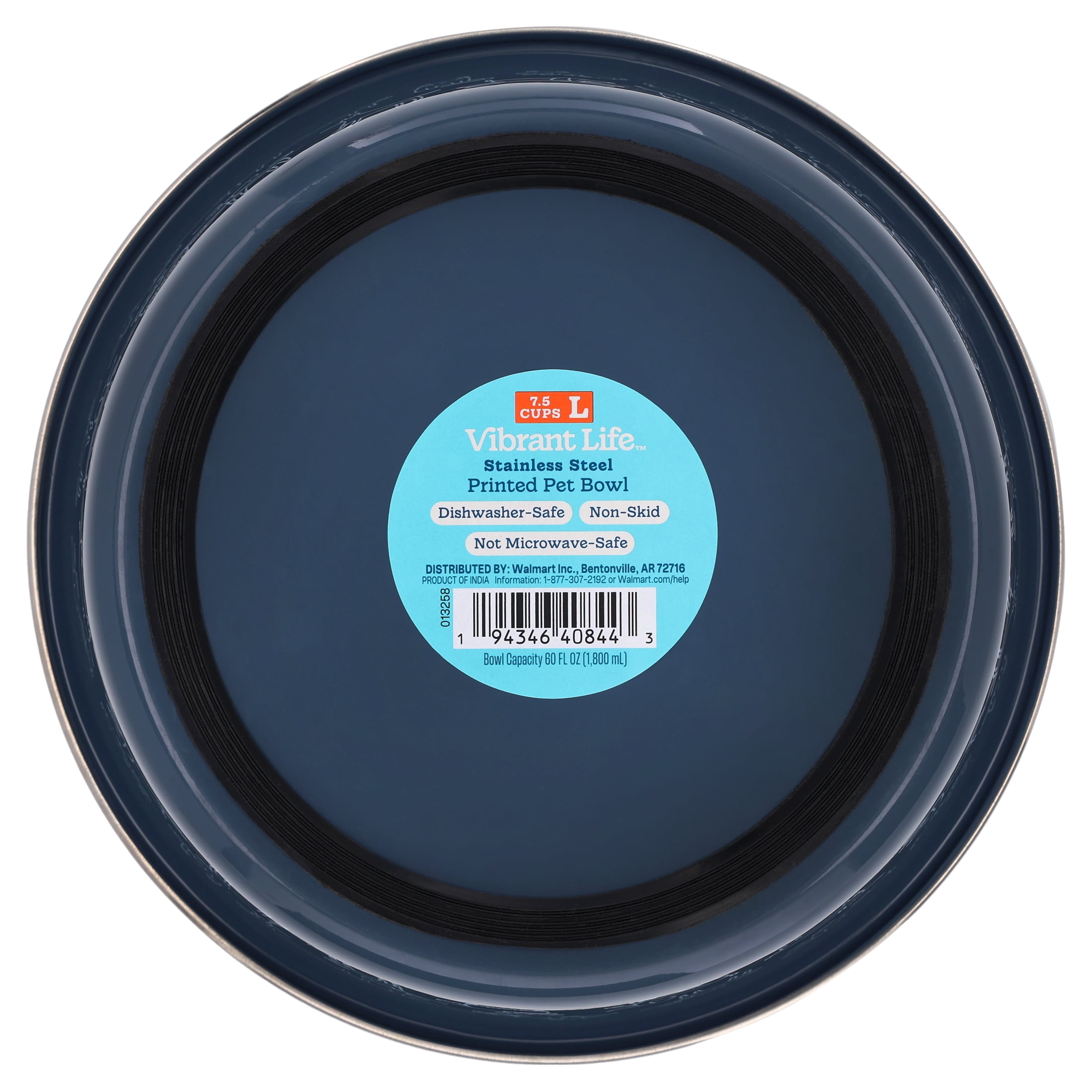 Vibrant Life Large 7.5-Cup Stainless Steel Dog Printed Pet Bowl, Navy
