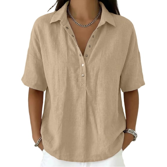 Women's Button Down Collared Shirt Short Sleeve Linen Blend Casual Loose Fit V Neck Summer Work Blouse Top 01-Khaki XXL