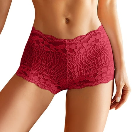 QYZEU Women s Bikini Panties Women Underwear Bikini Lace Embroidery Low Waist No Show Bikini Thongs Women Underwear Panties Cotton Boy Shorts Panties Red M