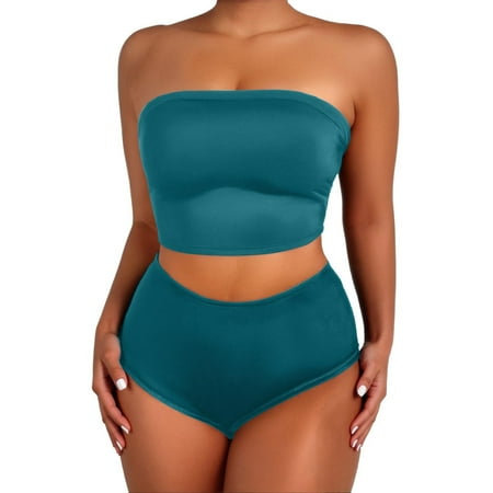 HABDGIKS Bikini Set for Women 2025 Summer High Waisted Sexy Cute Push Up Beach Solid Strapless Bra Triangle Cut Out Swimsuit
