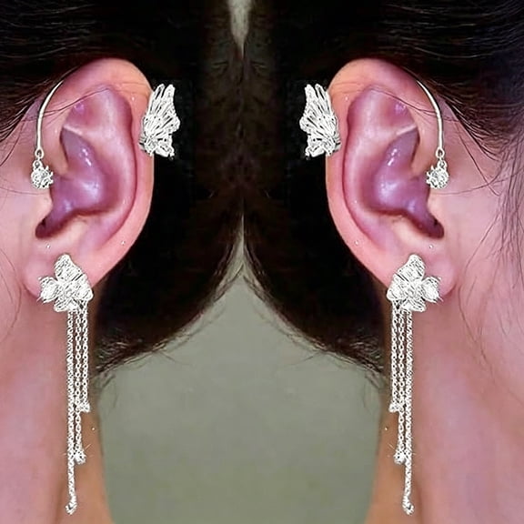 DESIGNICE Butterfly Flower Tassel Ear Cuffs Earrings Rhinestone Butterfly Flower Ear Wrap No Piercing Earrings for Women