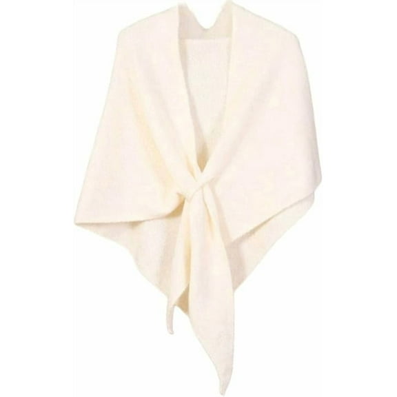 Women's Wool Triangle Striped Scarf Shawl Solid Color Wrap Tie Up Knotted Design Fall Winter Cozy Knitted Cross Cape Off-white