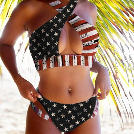 Summer Polyester Sleeveless Short Swim Bikini 2 Piece Swimsuit for Women Black Sexy Stripe Independence Day Print Set Push Up Padded Bra Bathing Swimwear XL