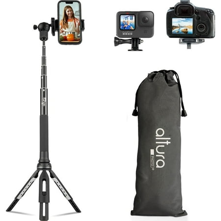 6 in 1 Monopod Tripod Kit by Altura Photo - Universal 55" Telescoping DSLR Camera, GoPro, Cell Phone Holder Selfie Stick with Tripod Base, 360 Ball Head and Carry Bag
