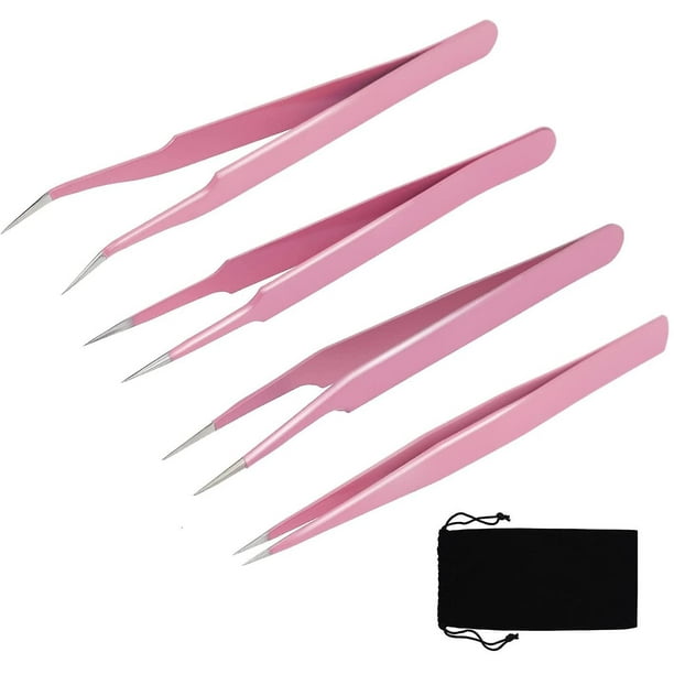 Pinzas de pestañas de 4 piezas Juego de pinzas de extensión de pestañas profesionales Pinzas puntiagudas de acero inoxidable Pinzas de punta recta y curva Lash de precisión