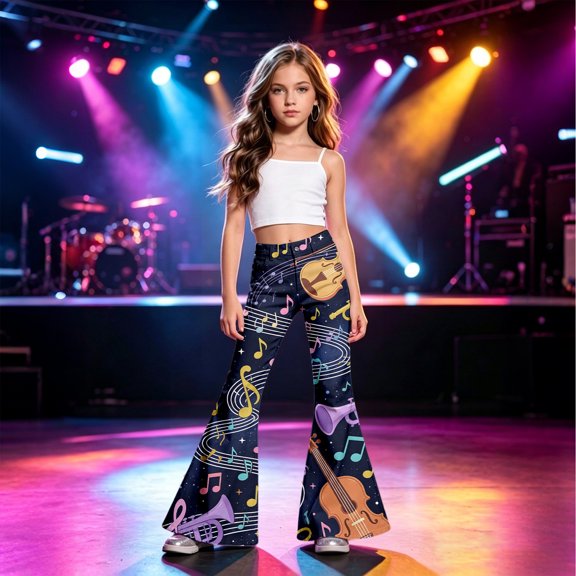 Boys Casual Flared Pants With Musical Print For Festival Stage Performance