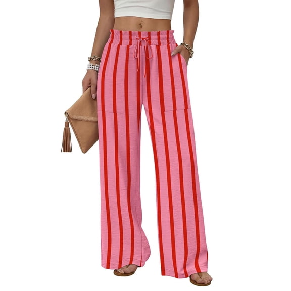Oiangi Women's Striped Wide Leg Pants Elastic Waist Ruffled Palazzo Pant Fall Casual Drawstring Beach Trousers with Pockets Hot Pink L