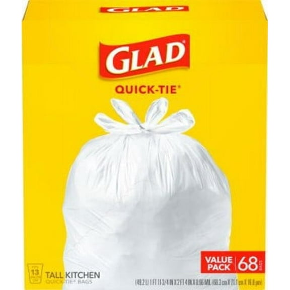 Glad 60034 Quick Tie Closure Tall Kitchen Bag - White - 80 Count - 13 Gallon