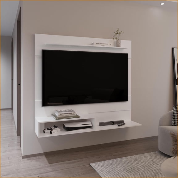 TV Furniture Floating Entertainment Center - Fits Up to 55” TVs, 3 Shelves, Modern White | MDF | Primary Living Space