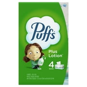 Puffs Plus Lotion Facial Tissue, 4 Family Boxes, 124 Facial Tissues per Box