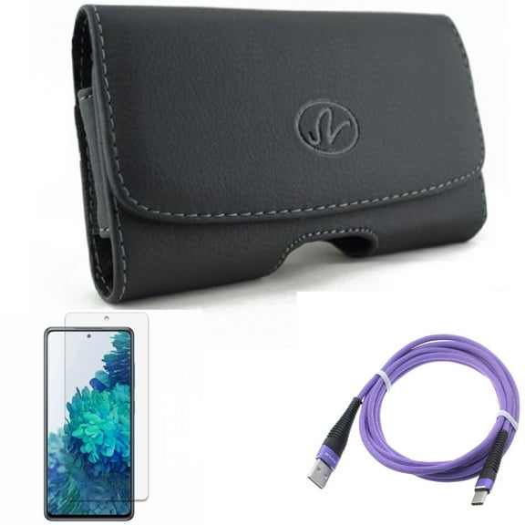 6ft USB Cable & Case Belt Clip & Screen Protector for Samsung Galaxy S20 Fan Edition - Purple Type-C   Leather Swivel   Anti-Glare Tempered Glass Combo