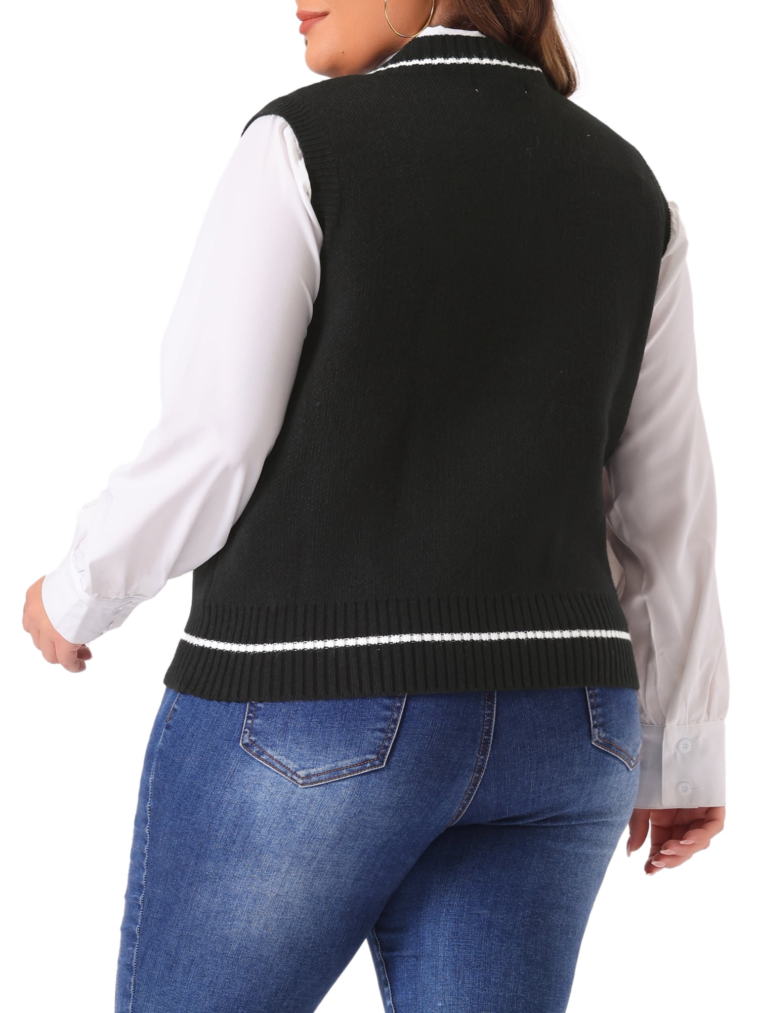 DARING DIVA Women's Plus V Neck Stripe Cable Knit Pullover Sweater Vest 1X Black
