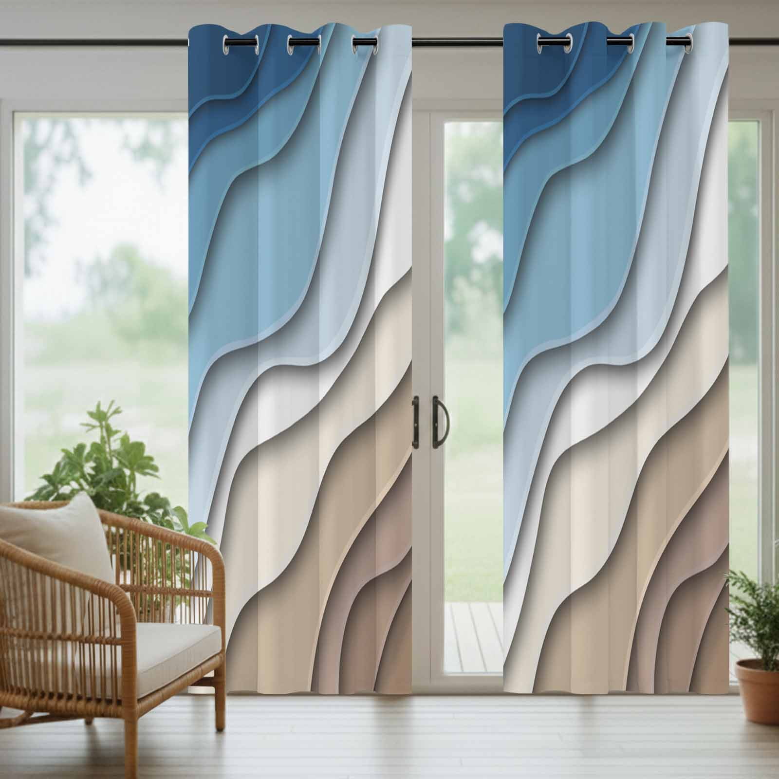 Outdoor Curtains for Patio Waterproof, Navy Blue Brown Ombre Windproof Pravicy Outside Porch Blackout Curtain, Modern Geometric Abstract Cream Sun Blocking Grommets Curtains for Cabana 54"x108"