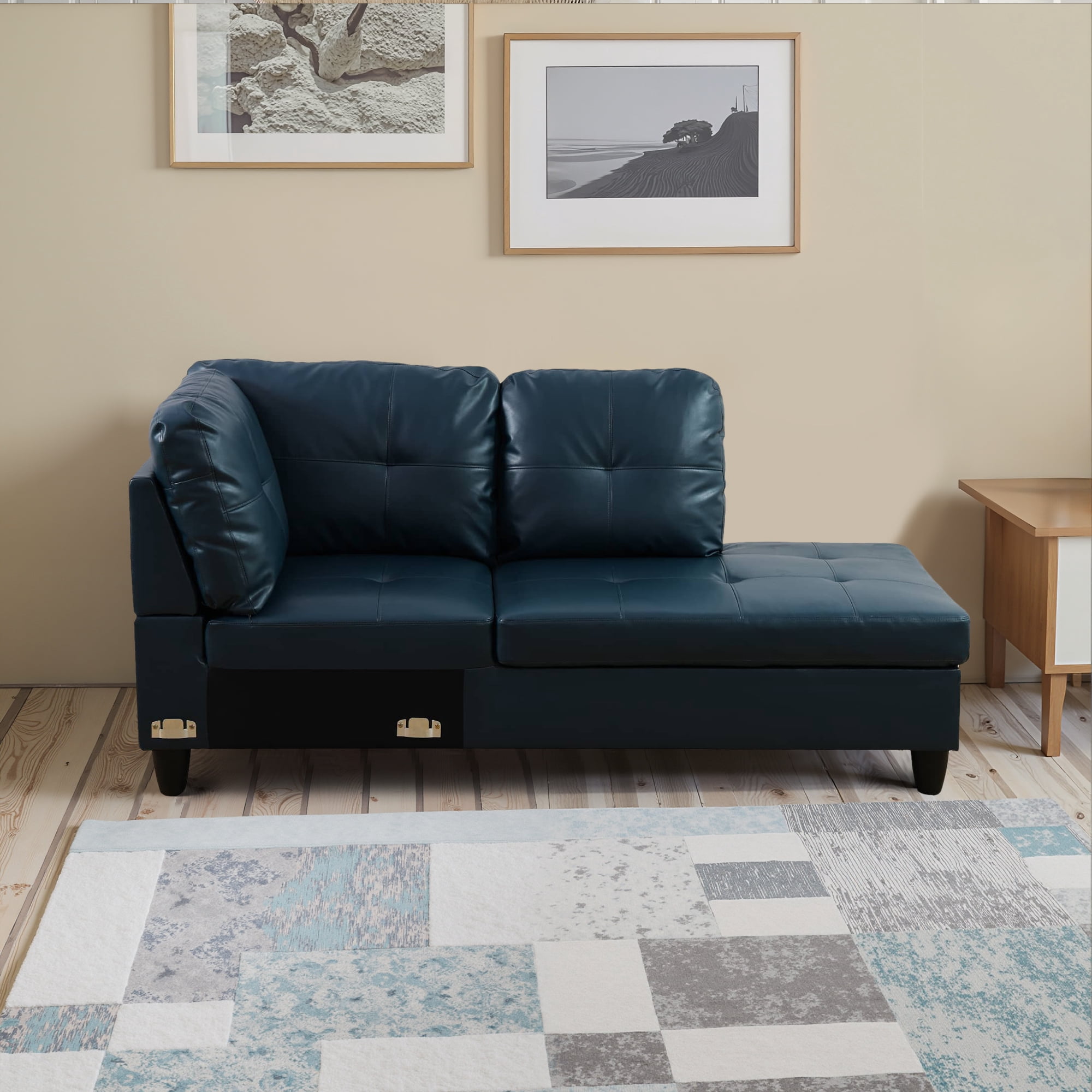 MAYEERTY 103.5" Semi PU Synthetic Leather Modern 3-Piece Sectional Couch with High-Density Foam Living Room Sofa Set，Peacock Blue