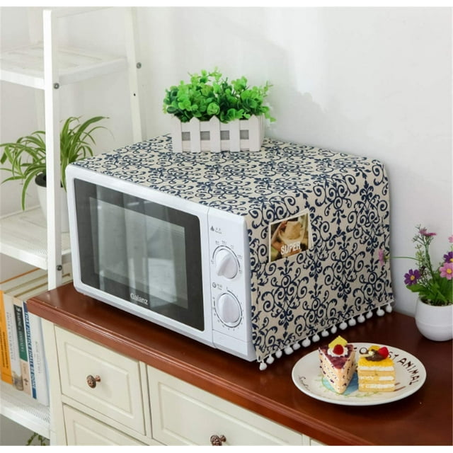 Microwave Oven Cover Dust Oil Proof Cloth with Storage Pockets Cotton Linen Kitchen Toaster Appliance Protector(Blue And White Porcelain)