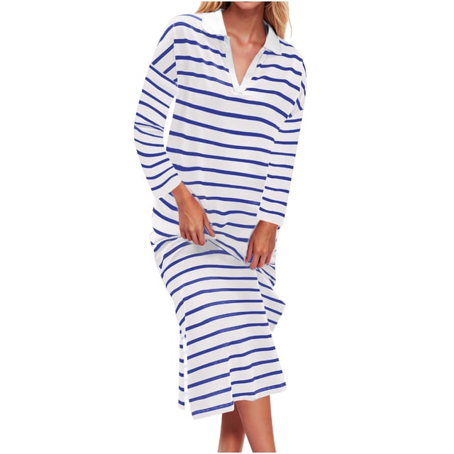 NJDVHB Économies d'Automne Hiver! Robes d'Automne pour Femmes, Robes de Vacances pour Femmes, Robe Longue à Manches Longues Rayée Col Rabattu Fente Latérale Décontractée Plage Maxi Robes, Bleu, TTG