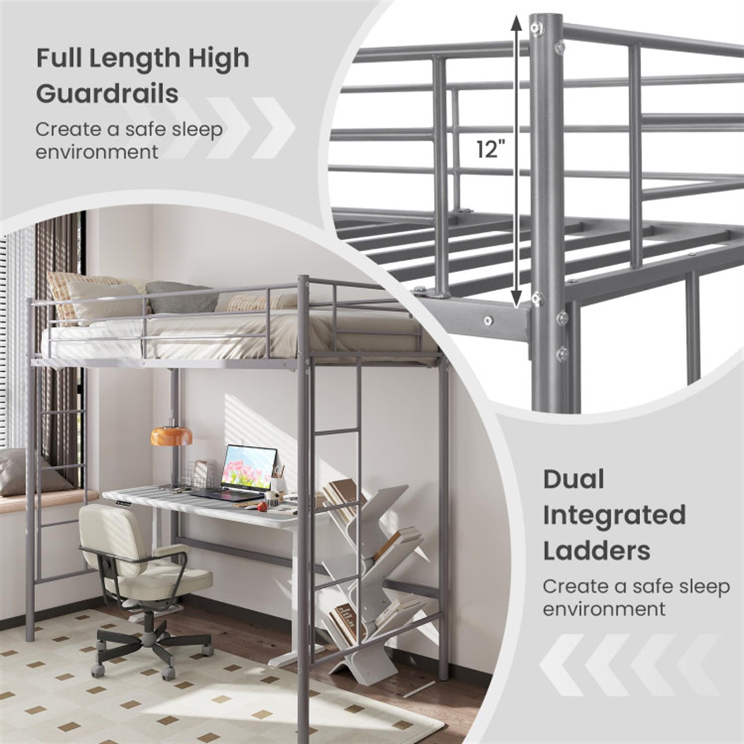Demi Bonn Metal Twin Loft Bed Frame with 2 Ladders Full-length Guardrail for Teens, Silver