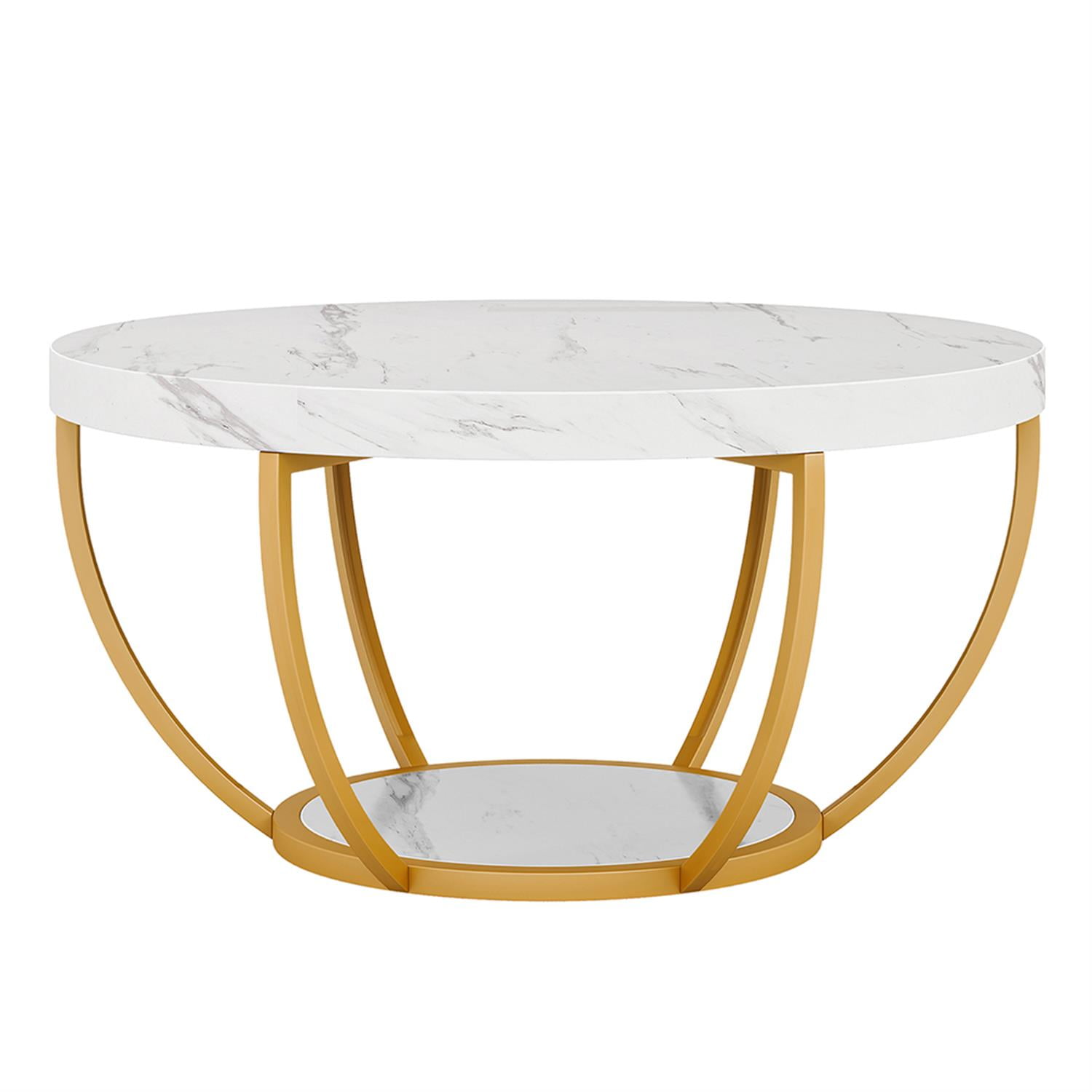 Demi Bonn Wooden Coffee Table, 2-Tier Round Central Cocktail Table with Shelves for Living Room, White