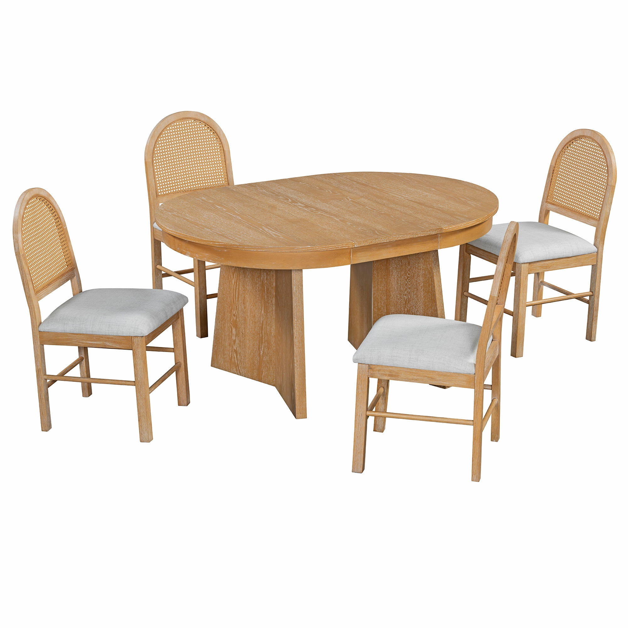 Aukfa 5-Piece Extendable Dining Table Set for 4, Kitchen Round Table with 4 Upholstered Rattan Back Chairs, Retro Dining Room Furniture, Natural Wood