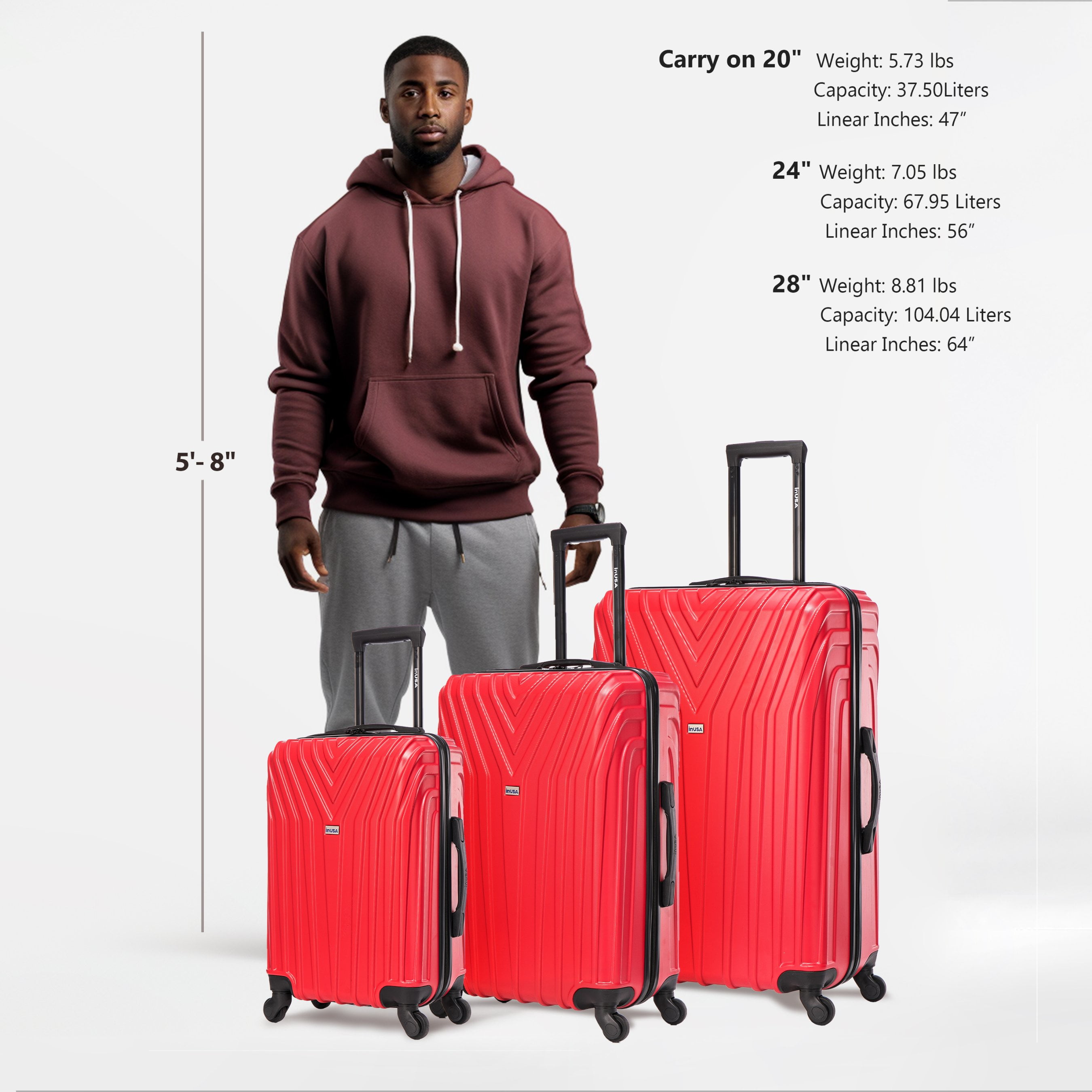 InUSA Vasty 3-Piece Hardside Luggage Sets with Spinner Wheels, Handle, and Trolley, (20"/24"/28"), Red