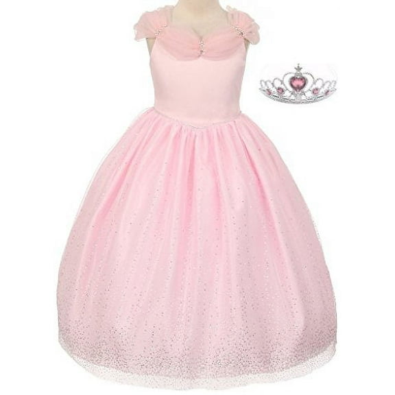 Little Girls Princess Style Off Shoulder Sparkly Tulle Tiara Flowers Girls Dresses Pink 4 (T10R34K)