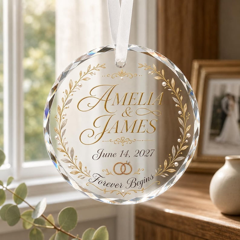 Custom Proposal Crystal Christmas Ornament with Custom Names and Date, Engaged Couple Gift, Custom Christmas Ornament and Proposal Keepsake for Partners, Wedding Celebrations or Holiday Tree Decor