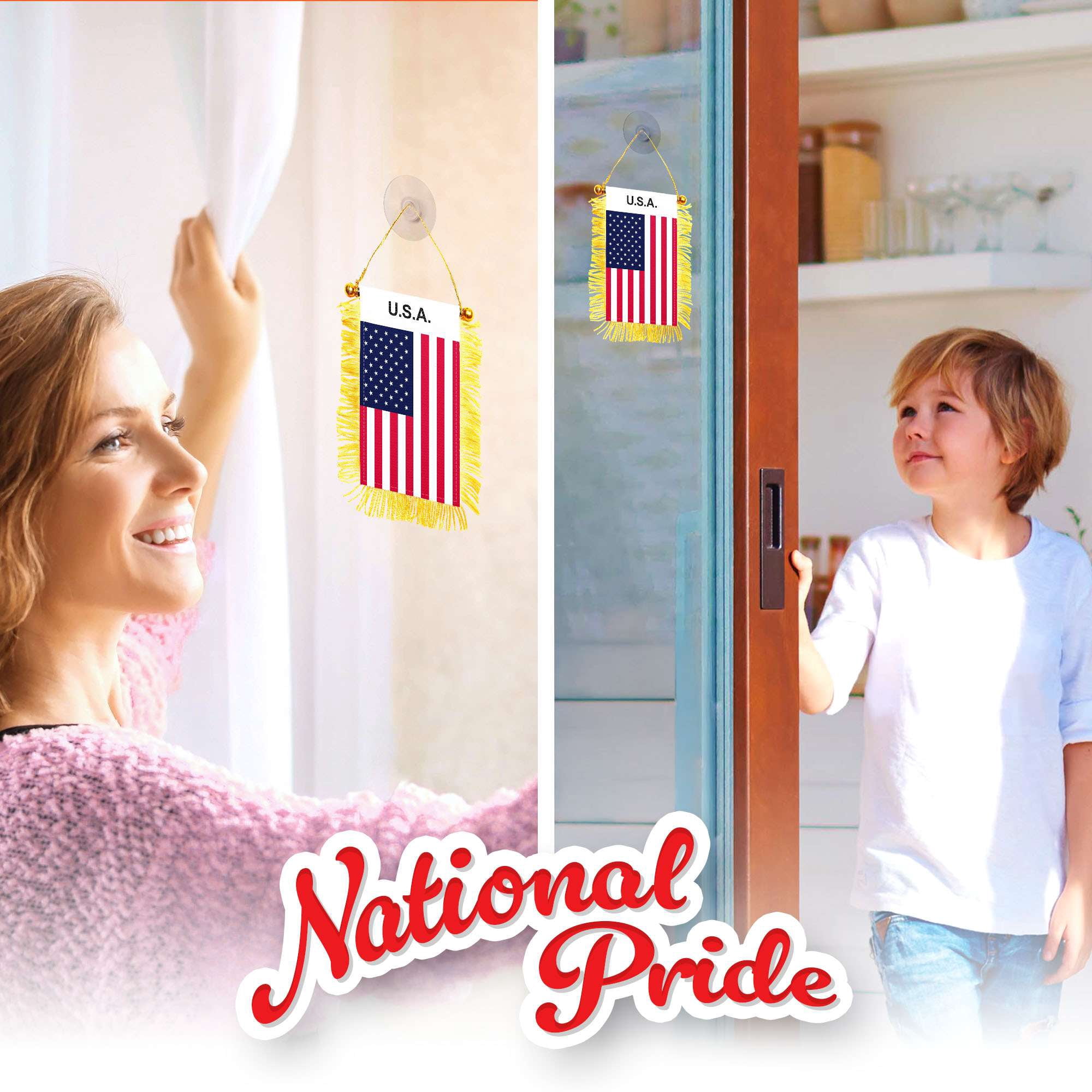 G128 2 Pack: USA American Fringy Flag | 3x5IN | Fringy Hanging Double Sided Flag with Suction Cup, Window and Car Rearview Mirror Decor