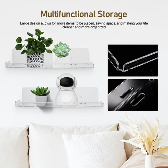RENACLIPY 2-Pack Clear Acrylic Floating Wall Shelves with No-Drill Adhesive Mount for Bathroom, Living Room, and Home Storage
