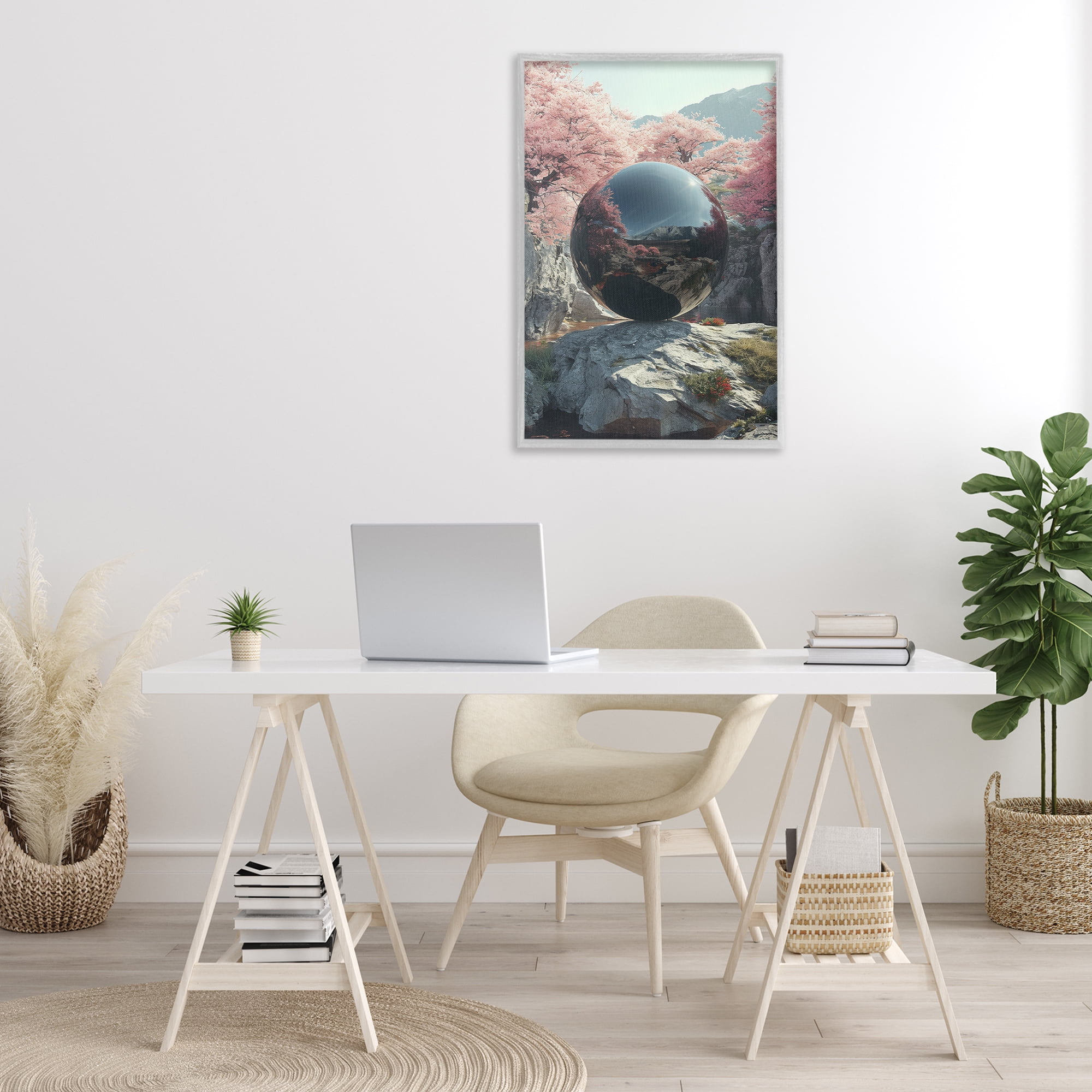 Stupell Industries Surreal Reflective Ball Landscape Painting Gray Framed Art Print Wall Art, 20 x 30