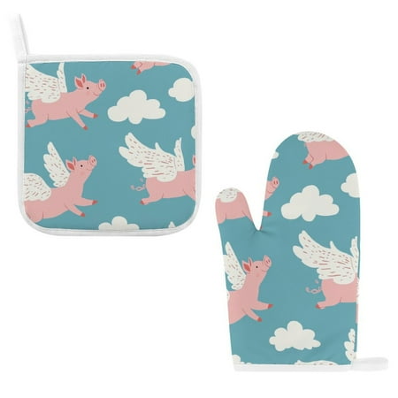 

ZZZHY Whimsical Flying Pig-731 Oven Mitts and Pot Holders Sets Heat Resistant Oven Gloves Cute Kitchen Mitts for Oven 2-Piece Baking Gloves Set for Cooking Grilling Baking