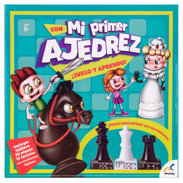juego de mesa maestro ajedrez para niños, aprende a jugar, mejora agilidad mental Caja frontal multicolor, vista centrada con título "Mi primer AJEDREZ" y subtítulo "¡Juego y aprendo!"; ilustraciones de niños y piezas caricatura negras y blancas en primer plano, inserto que indica incluye tablero, 32 piezas y 12 tarjetas, base muestra direcciones de movimiento para principiantes y logo Novelty.