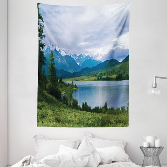Nature Tapestry, Belukha Mountain by the Lake Surrounded Mountain with Snowy Peaks Print, Wall Hanging for Bedroom Living Room Dorm Decor, 60W X 80L Inches, Fern Green Light Blue, by Ambesonne