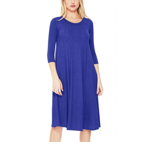 Women's Casual Loose Fit 3/4 Sleeve Round Neck Jersey Knit A-Line Comfy Solid Midi Dress