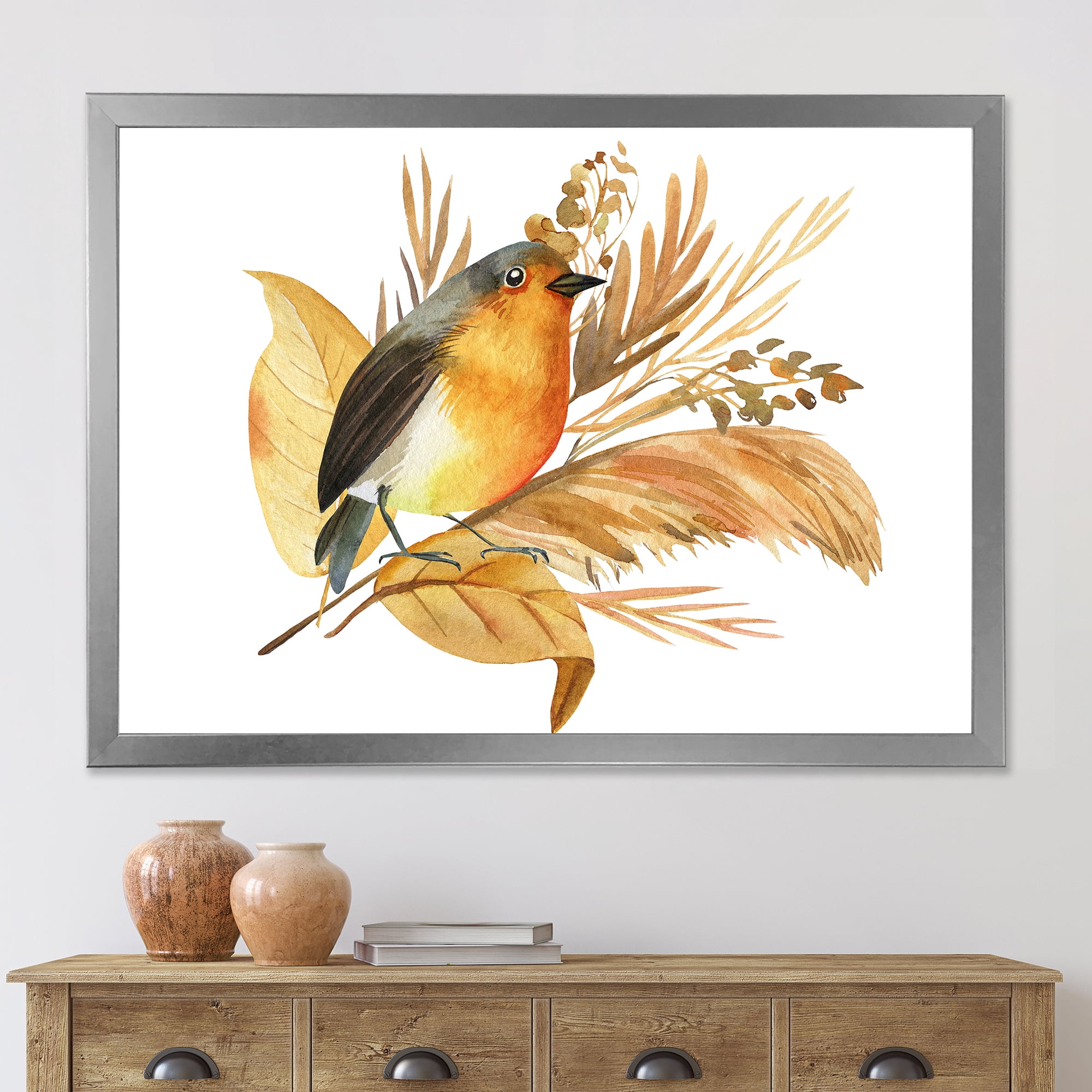 Designart 'Autumn Flowers and Robin Bird' Traditional Framed Art Print