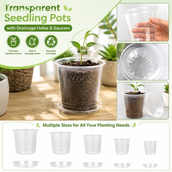 2 Inch Clear Plastic Plant Pots with Drainage Holes and Saucers, Seed Starting Pots for Indoor Outdoor Gardening, Gift for Beginner Gardeners