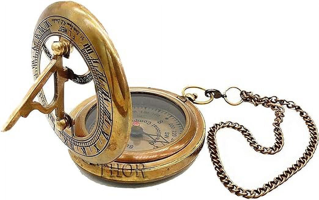 Brass Sundial Compass with Leather Case and Chain | Push Open Compass | Vintage Steampunk Accessory Pocket Compass | Beautiful Handmade Gift Sundial Clock | Antiquated Finish Pocket Compass