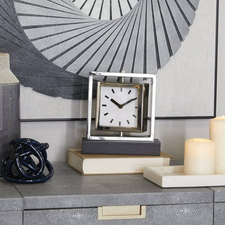 DecMode Stainless Steel Glam Square Table Clock 8 W x 9 H with Silver Framed Structure White Clock Face and Black Base
