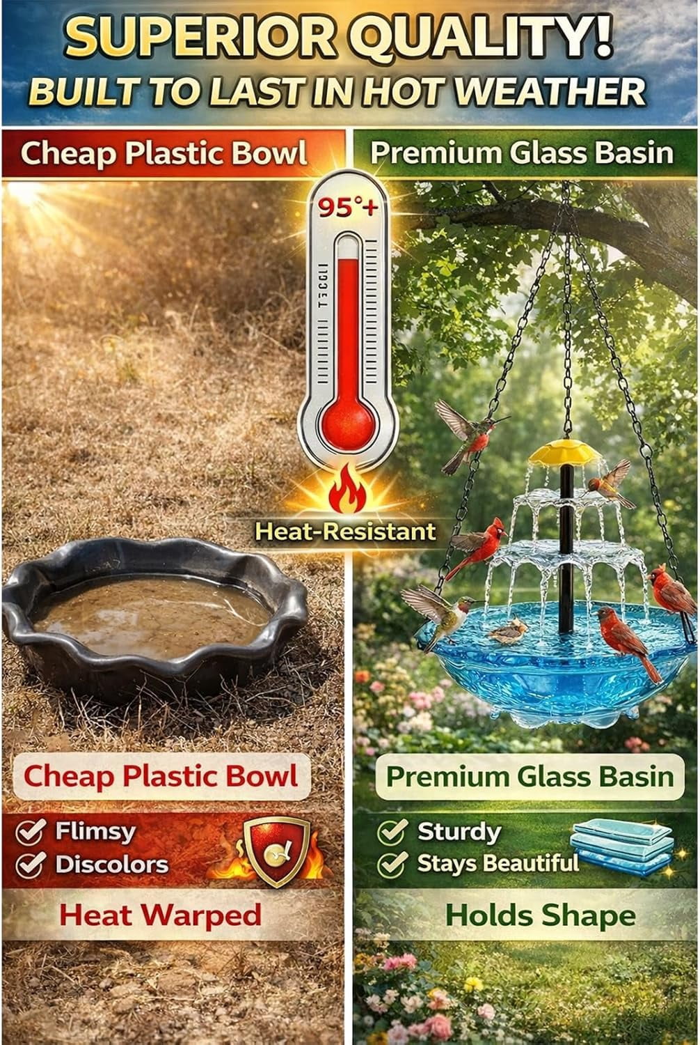 2026 New Solar Cascade Hanging Bird Bath Fountain, Outdoor Hanging Bird Bath with Solar Fountain, Large Humming Birds Baths Fountains, with Solars Pump & Acrylic Bowl, for Outdoor, Gardens