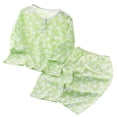 thumbnail image 2 of Girls Boys Outfits 2PC Comfy Casual Printed Short Sleeve Button Pullover Top Sets Loungwear Sleepwear Green 4 13-14 Years, 2 of 5