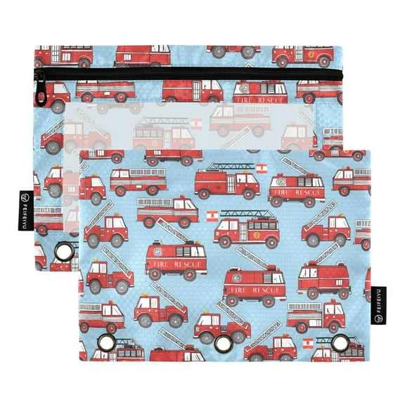 ALAZA 2 Pack Pencil Pouch Cartoon Fire Truck Blue Pencil Case for 3 Ring Binder Clear Window Pencil Bag Organizers