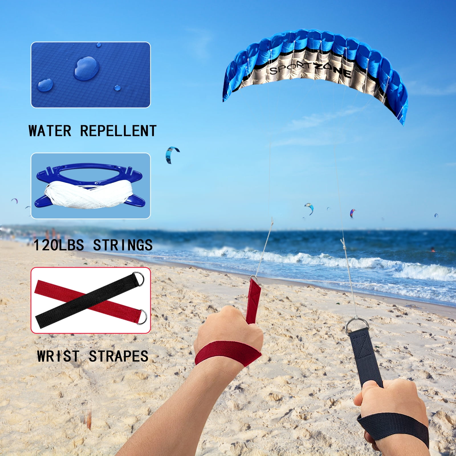 New 2.5m Dual Line Parafoil Parachute Stunt Sport Beach Outdoor Toys Blue Kites 